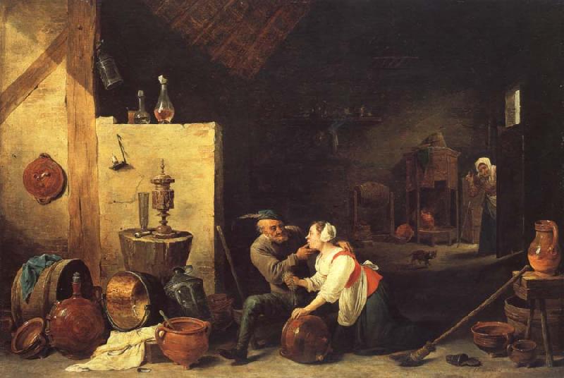 David Teniers An Old Peasant Caresses a Kitchen Maid in a Stable oil painting picture